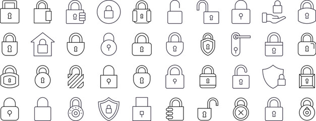 Lock Line Icon Collection. Door and Padlock Outline Signs for Graphic and Web Design, Apps, Adverts, Various Cards