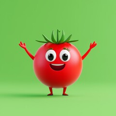 Cheerful cartoon happy dancing tomato character featuring big eyes.