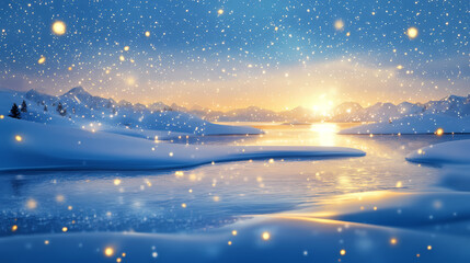 Naklejka premium Arctic twilight elegance. icy blue surface with drifting gold powder. luxurious winter wonderland. sophisticated celebration backdrop. Twilit. Illustration