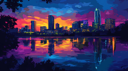 Fototapeta premium Austin skyline at dusk with colorful lights reflecting on the water, austin, texas, skyline, evening, dusk, lights. Twilit. Illustration