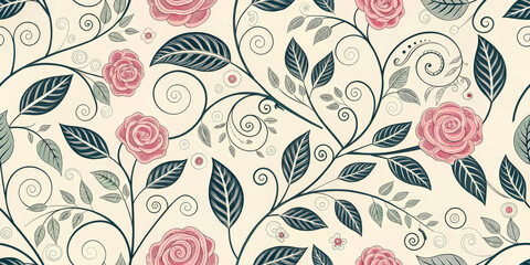Delicate swirls intertwine with pink roses and green leaves on a light background, creating a harmonious floral pattern. The intricate pattern of spirals lends elegance and movement. AI.