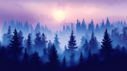 Background with abstract dark misty forest scene at dusk with tall trees design for halloween. Twilit. Illustration