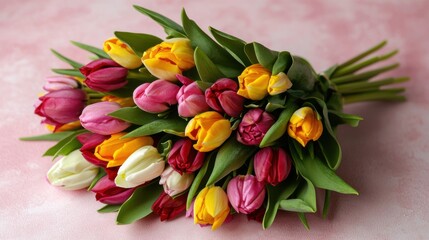 Obraz premium Bouquet of pink tulips and gift box on blue background. Mothers day, Valentines Day, Birthday celebration concept. Mockup for Greeting card. Copy space for text, top view. Vertical banner