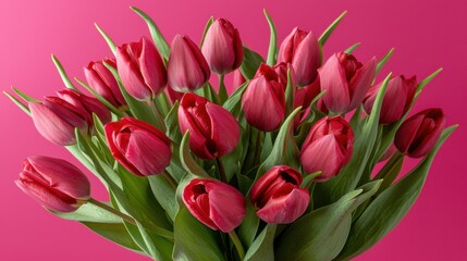 Fototapeta premium Bouquet of pink tulips and gift box on blue background. Mothers day, Valentines Day, Birthday celebration concept. Mockup for Greeting card. Copy space for text, top view. Vertical banner