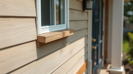 Fototapeta premium Close-up view of a light beige wood-grain siding house exterior. A window with a simple, light brown wooden window sill is the focus. A portion of a dark blue door is visible in the blurred background