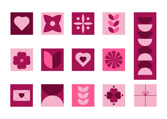 Minimalistic Valentine's Day Geometric Icons. Modern Flat Elements for Poster, Banner, Flyer, Cover, Advertisement, Branding, Sale, Web, Birthday. Creative Stickers with Simple Shapes. 