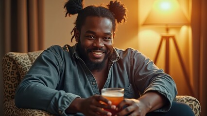 Man with dreadlocks is sitting in a chair and holding a glass of beer. Black african man