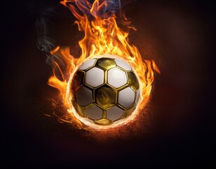 Fototapeta premium flaming soccer ball crowned with gold on a dark backdrop symbolizing epic victory in sports perfect for banners posters or cards with space for text