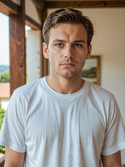 Fototapeta premium Retrato de un hombre joven blanco vistiendo una camiseta blanca de algodón