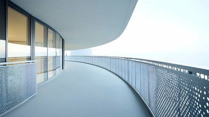 Obraz premium Curved balcony with perforated metal railings and smooth concrete flooring, designed for a modern urban apartment complex