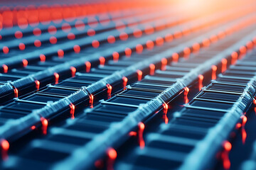 Renewable atom models. Close up view of metallic grid with glowing red lights, showcasing technology