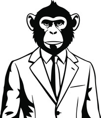 A male human body and monkey head, the man will be wearing a coat and tie. Vector line art. No color, thick line art. Very simple art style 2.eps