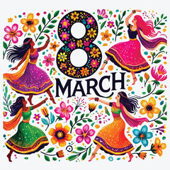8 March Text on White Background with Flowers and a Dancing Women stock photo