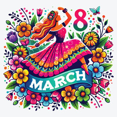 8 March Text on White Background with Flowers and a Dancing Women stock photo
