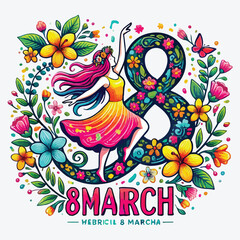 8 March Text on White Background with Flowers and a Dancing Women stock photo