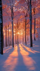 Breathtaking winter sunset illuminating snow-covered trees, casting long shadows on a pristine landscape of tranquility and natural beauty.