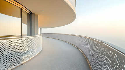Curved balcony with perforated metal railings and smooth concrete flooring, designed for a modern urban apartment complex