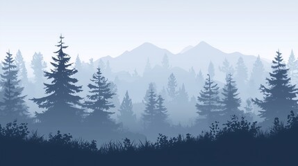 Obraz premium Misty forest landscape with mountains in the background and silhouette of evergreen trees