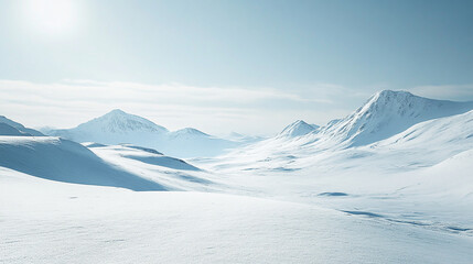 Fototapeta premium A breathtaking landscape of pristine snow-covered mountains under a clear blue sky, Serene snowy mountain landscape in soft light.