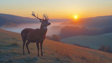 Fototapeta premium Majestic red deer stag standing on a hill at sunrise, overlooking a misty valley.
