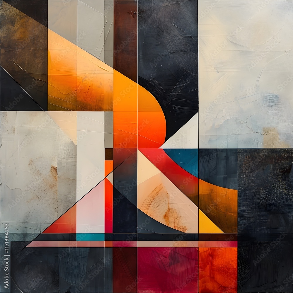 Poster striking minimalist abstract composition with intersecting geometric shapes and contrasting lines