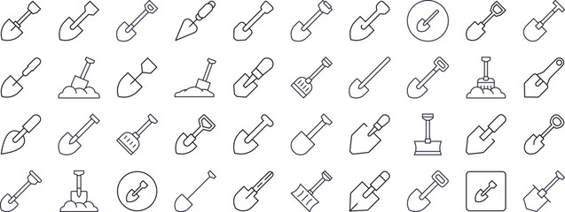 Shovel Line Icon Set. Outline Signs for Graphic and Web Design, Apps, Adverts, Various Cards