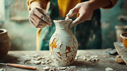 A hand carefully crafting a vase from shattered pottery, captured in a medium close-up with rustic studio tools in the background
