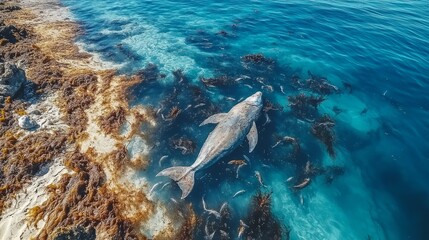 Fototapeta premium Glistening turquoise waters cradle a gentle giant as it swims peacefully through lush seaweed, showcasing the beauty of ocean life during daytime