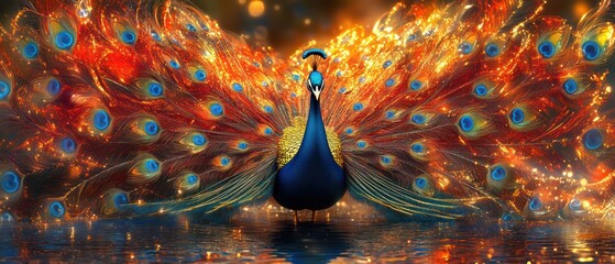 Majestic peacock with vibrant plumage and fiery feathers.