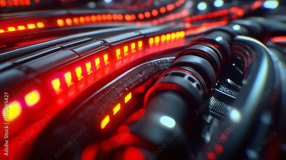 Poster server room filled with modern tech. data connectors glow with activity. high-tech network system sh