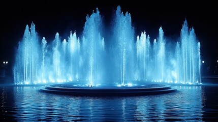 Illuminated fountain at night with blue water jets.