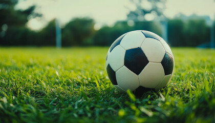 Fototapeta premium classic black-and-white soccer ball resting on lush green grass in an outdoor field. The background is blurred, emphasizing the ball and grass, evoking feelings of sports and recreation