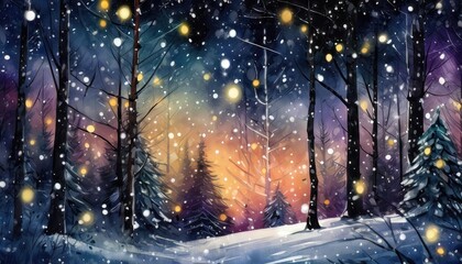 Enchanted Nightfall A Serene Scene of Snow Falling Gently in a Dark Forest Illuminated by Distant Lights and Twinkling Stars AI Generated Artwork