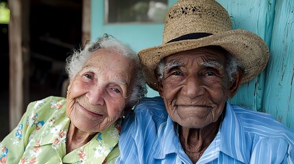 Elderly couple sitting side by side sharing a heartfelt and joyful smile in the comfort of their cozy tranquil home setting conveying a sense of warmth love and lifelong companionship