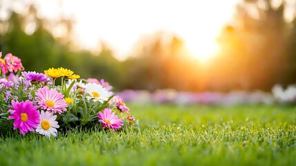 Obraz premium Vibrant colorful daisies in a lush green grass field at sunset.