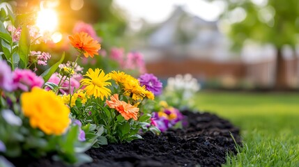 Vibrant colorful flowers blooming in a garden bed at sunset.