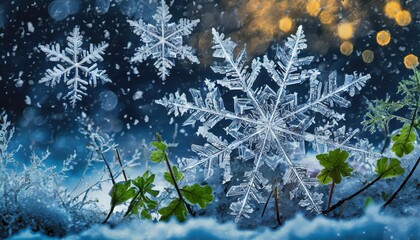 Delicate Snowflake Ice Crystals Gently Falling on a Frozen Landscape A Serene Winter Night Scene Capturing Natures Beauty in