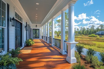 Beautiful front porch of a white house with wooden floor, columns, black door, and view from the inside to the outside, coastal South Carolina.