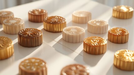 Assorted Mooncakes with Gold Detailing on Table