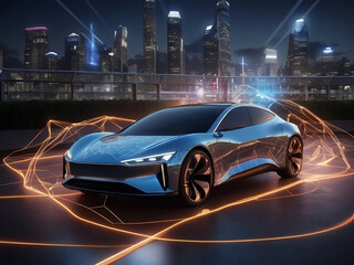 Futuristic sports electric car with LED lights all around, night city view