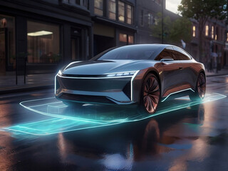 Self-driving car with neon lights under the car, moving along a city street