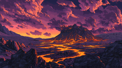 A vivid depiction of a lava flow at dusk from ol doinyo lengai, tanzania, featuring glowing molten rock against a dramatic purple sky. Twilit. Illustration