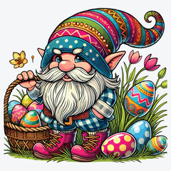 A cartoon-style gnome, painted in Easter eggs, a wicker basket, grass. A festive concert, on an isolated background. stock illustration