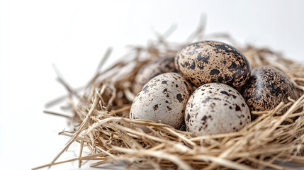 Obraz premium Closeup of eggs in a nest isolated on white background. organic protein food from bird animal on a farm, straw, rural.