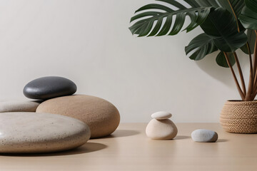 Obraz premium Zen Stones and Plant on a Wooden Table