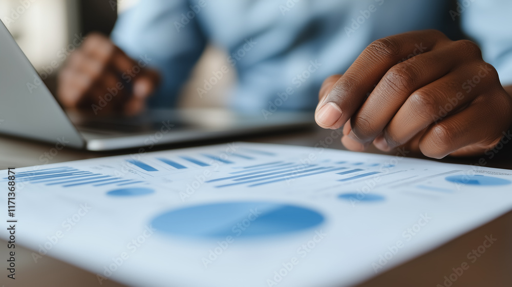 Poster close-up of hands analyzing financial data: a professional analyzes data on a printed document while
