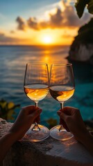 Romantic Sunset Toast with Wine Glasses Overlooking Ocean View