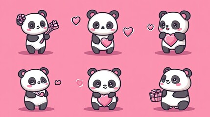 Naklejka premium Six cute pandas expressing love with hearts, flowers, and gifts on pink background.
