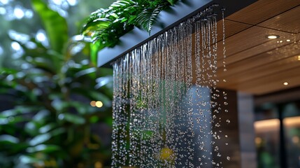 Gentle water streams flow from an artistic installation, creating a tranquil vibe among vibrant plants