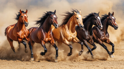 Group of five beautiful wild horses running in nature wilderness, dust behind them. equestrian freedom gallop, fast and strong stallion.